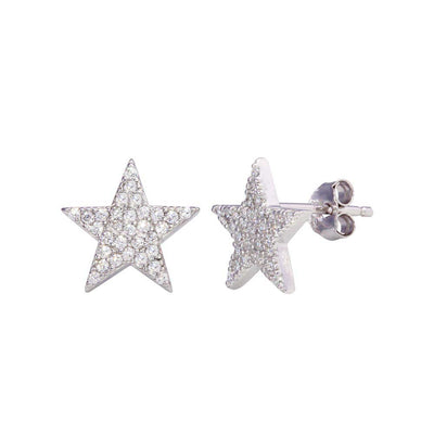 Sterling Silver Rhodium Plated CZ Star Stud Earrings