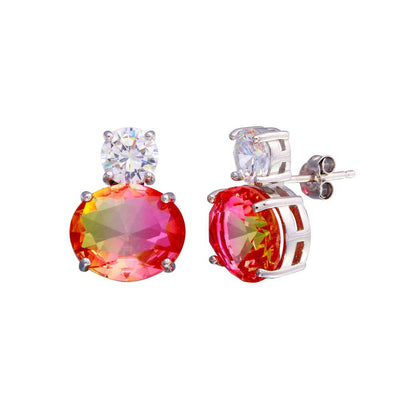 Sterling Silver Rhodium Plated Drop Clear And Peach CZ Stud Earrings