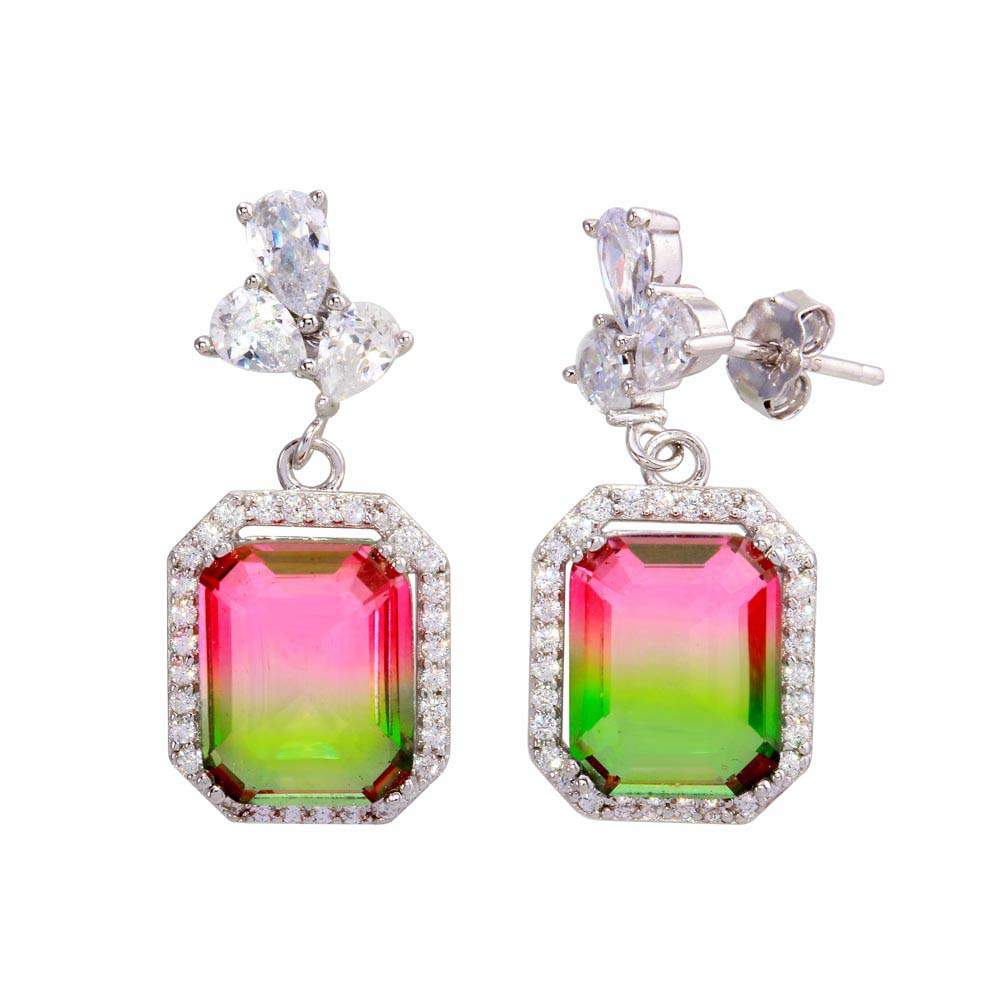 Sterling Silver Rhodium Plated Green Pink Gradient CZ Dangling Earrings