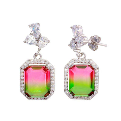 Sterling Silver Rhodium Plated Green Pink Gradient CZ Dangling Earrings