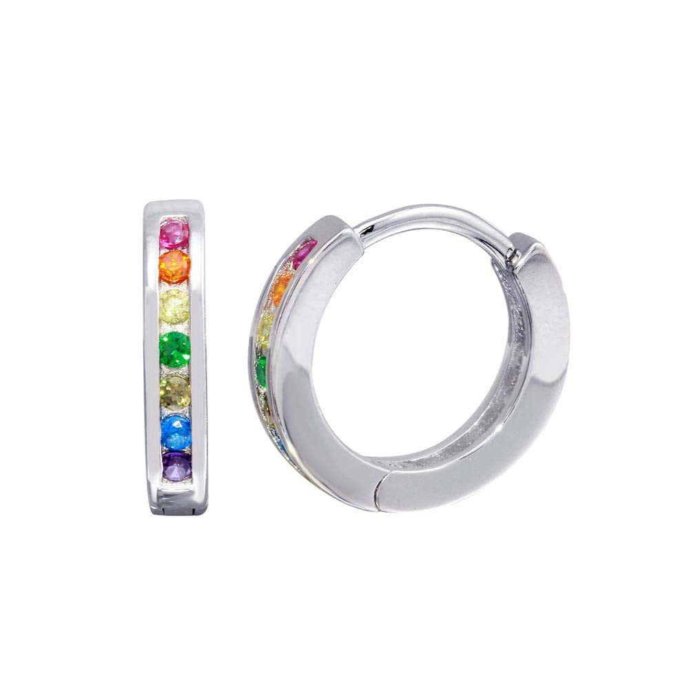 Sterling Silver Rhodium Plated Rainbow Multi CZ Huggie Earrings