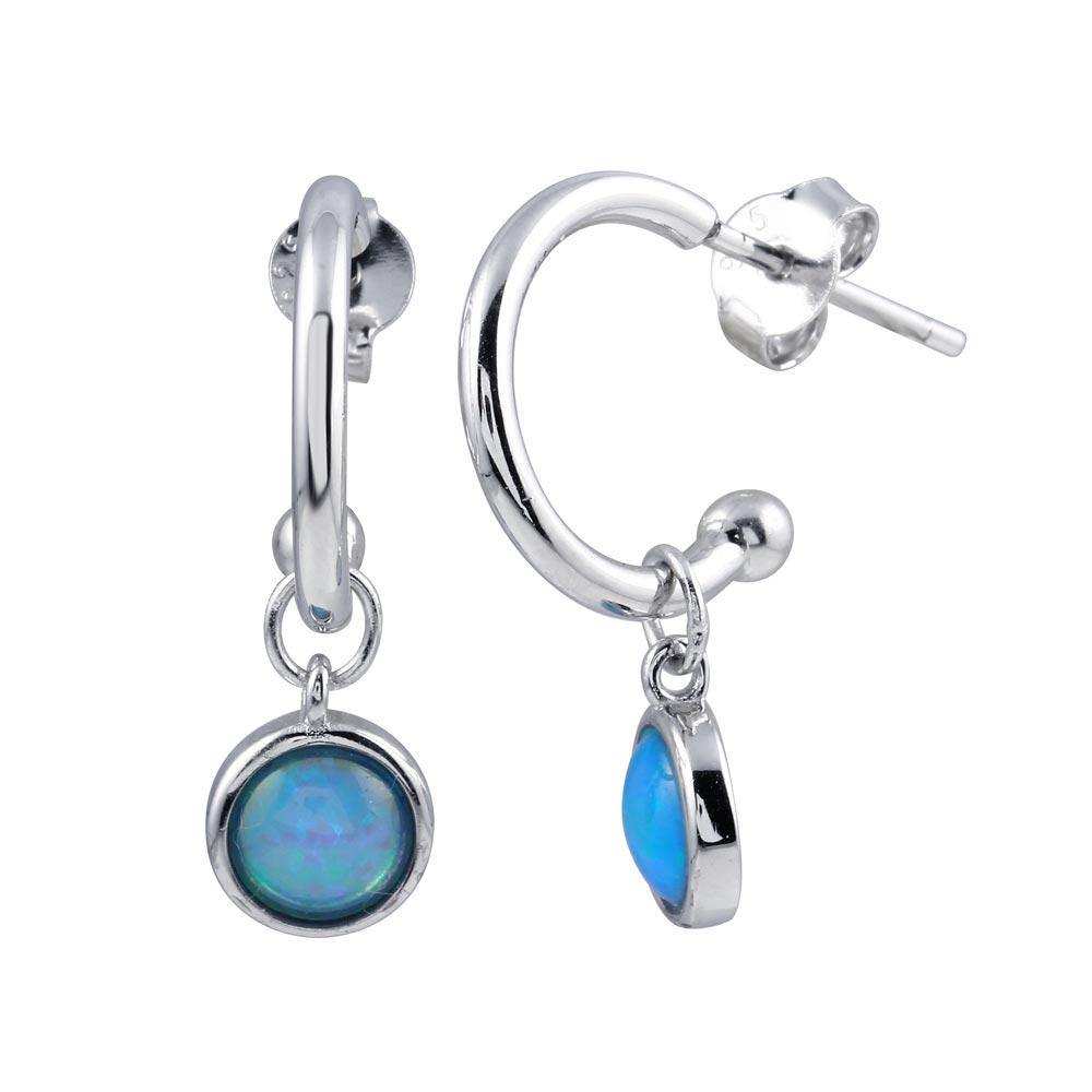 Sterling Silver Rhodium Plated Semi Hoop Dangling Blue Opal Earrings - silverdepot