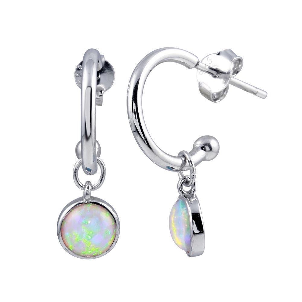 Sterling Silver Rhodium Plated Semi Hoop Dangling Pink Opal Earrings - silverdepot