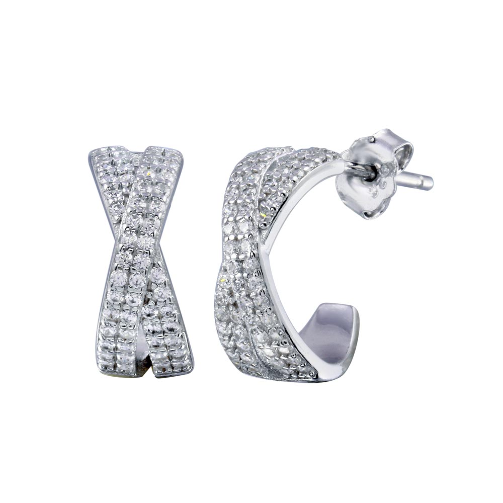 Sterling Silver Rhodium Plated Semi Hoop X CZ Round Earrings
