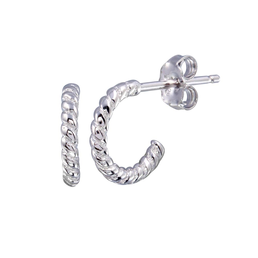 Sterling Silver Rhodium Plated Semi Hoop Rope Design Earrings