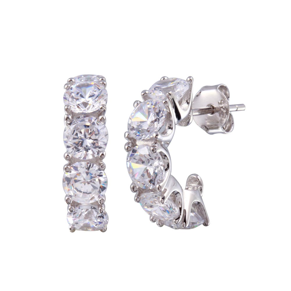 Sterling Silver Rhodium Plated Semi Hoop CZ Round Earrings