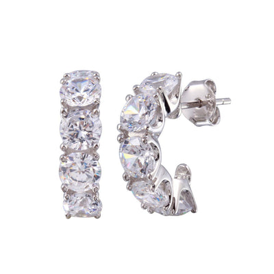 Sterling Silver Rhodium Plated Semi Hoop CZ Round Earrings