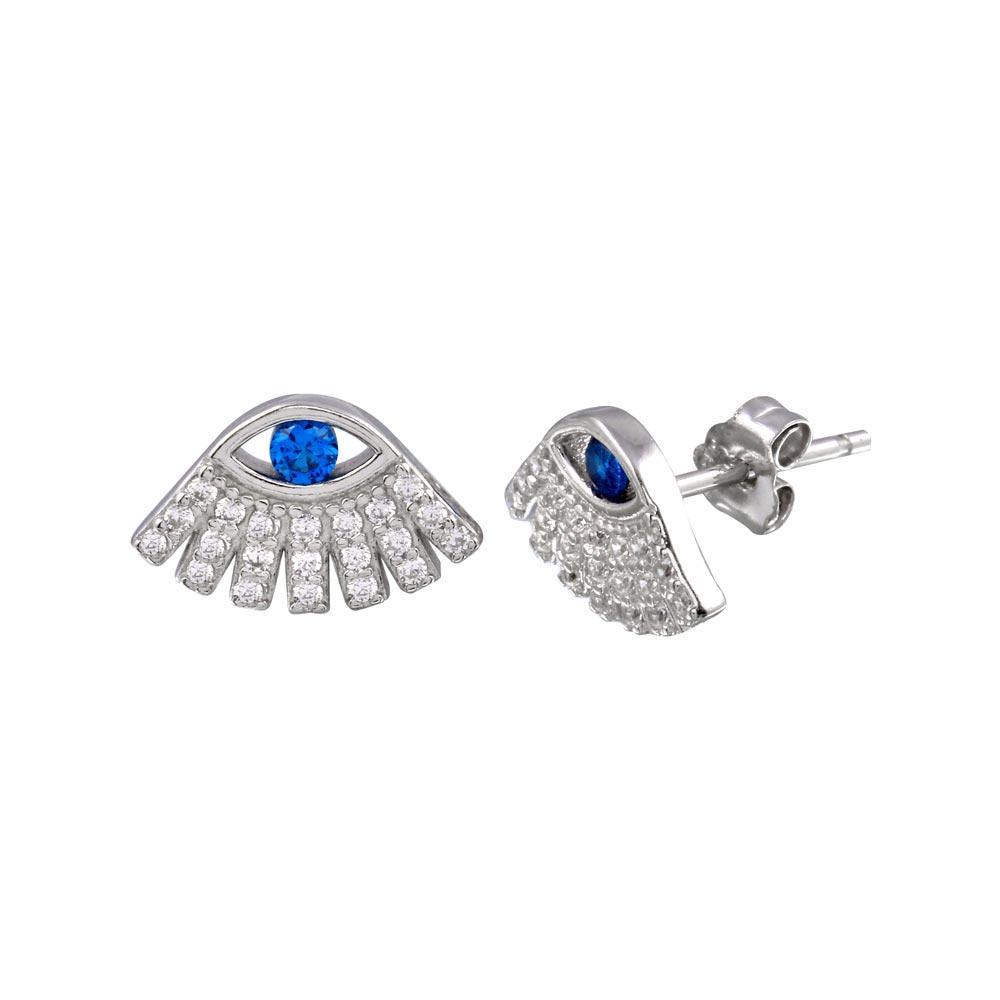 Sterling Silver Rhodium Plated Blue and Clear CZ Evil Eye Stud Earrings - silverdepot
