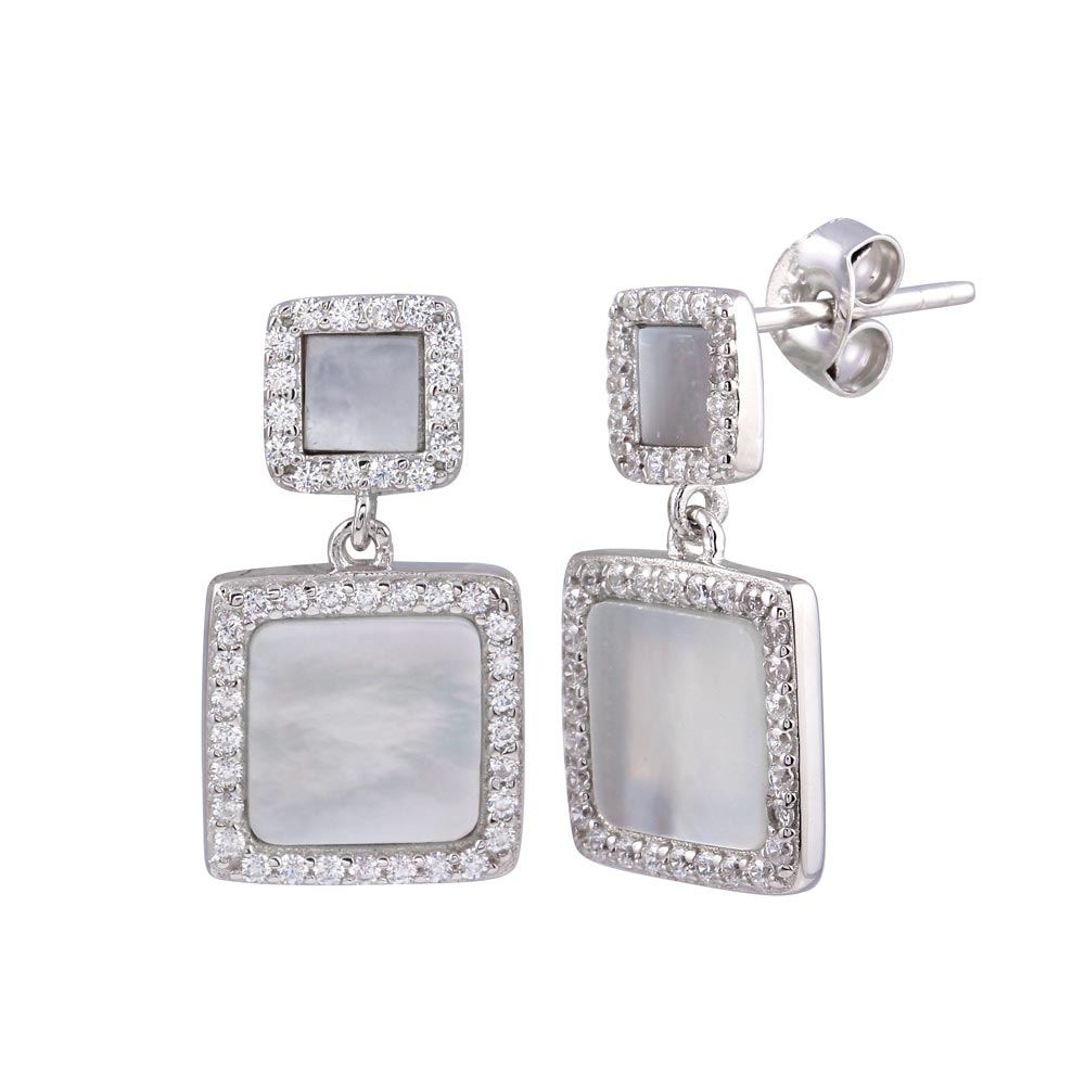 Sterling Silver Rhodium Plated Dangling Square MOP CZ Earrings