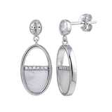 Sterling Silver Rhodium Plated Dangling Oval MOP CZ Earrings