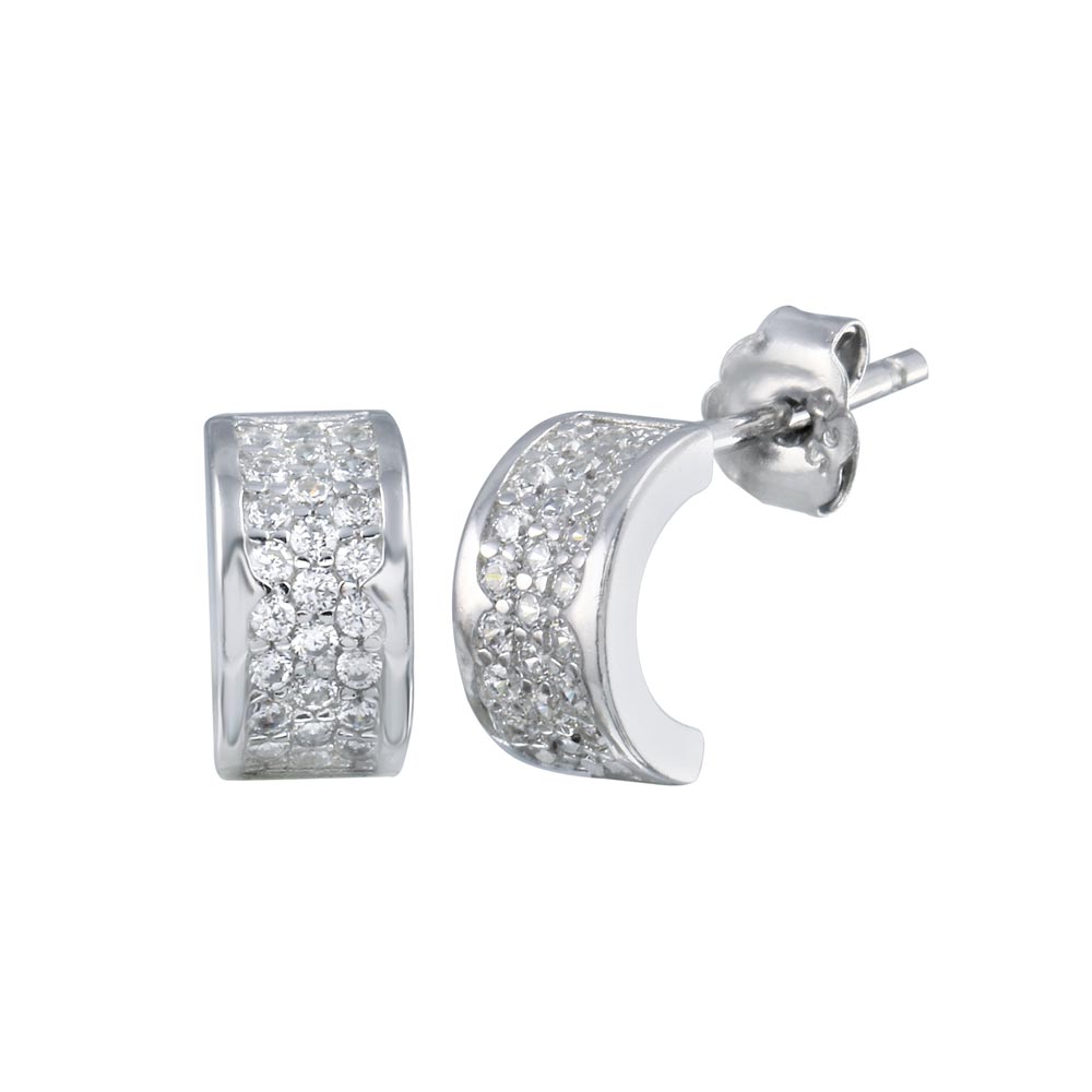 Sterling Silver Rhodium Plated Semi Hoop CZ Huggie Earrings