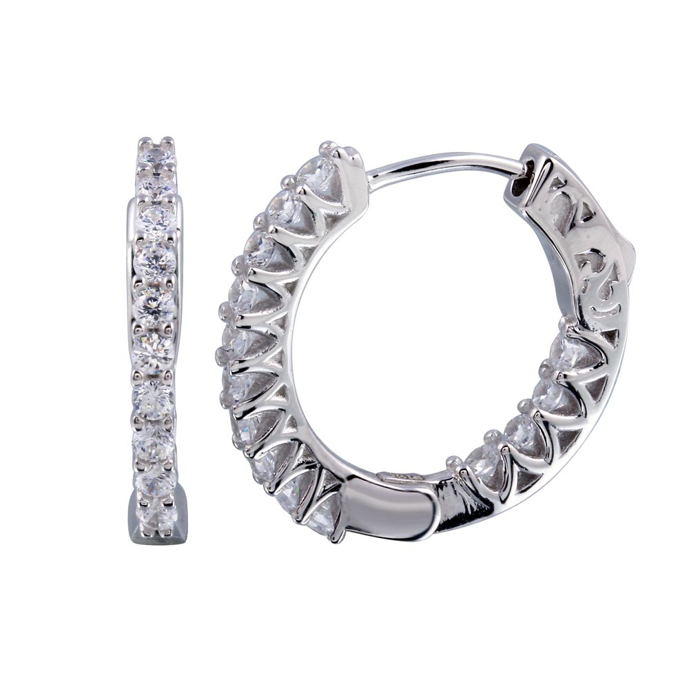 Sterling Silver Rhodium Plated Inside Out CZ Hoop Vault Lock Earrings