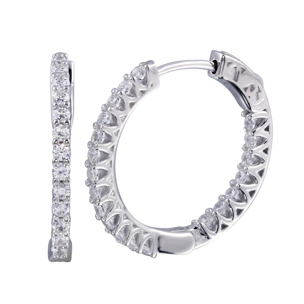 Sterling Silver Rhodium Plated Inside Out CZ Hoop Vault Lock Earrings