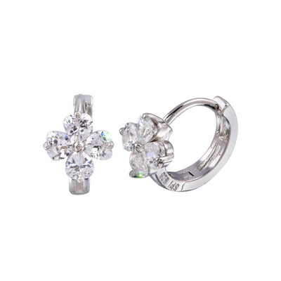 Sterling Silver Rhodium Plated Flower CZ Huggie Earrings