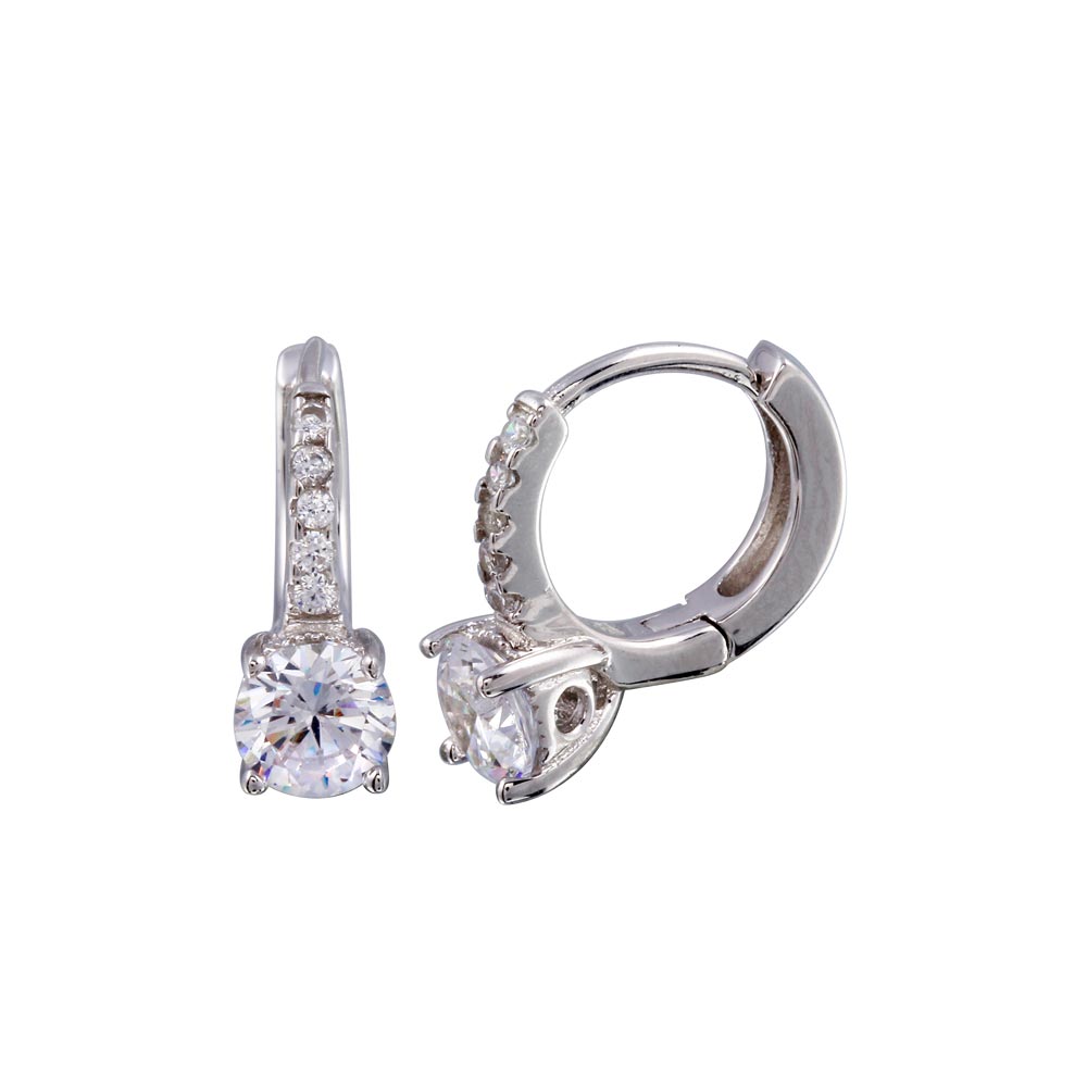 Sterling Silver Rhodium Plated Round CZ Huggie Earrings