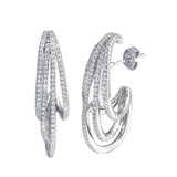 Sterling Silver Rhodium Plated CZ Semi Hoop Dangling Wave Earrings