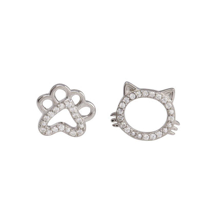 Sterling Silver Rhodium Plated CZ Cat And Paw Stud Earrings