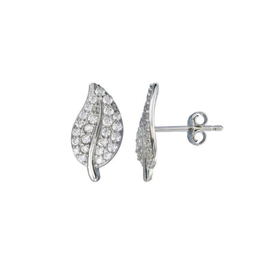 Sterling Silver Rhodium Plated CZ Leaf Stud Earrings