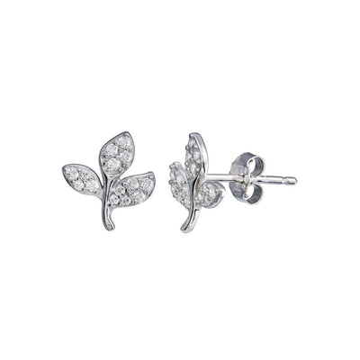 Sterling Silver Rhodium Plated CZ leaves Stud Earrings