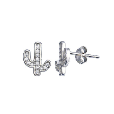 Sterling Silver Rhodium Plated CZ Cactus Stud Earrings