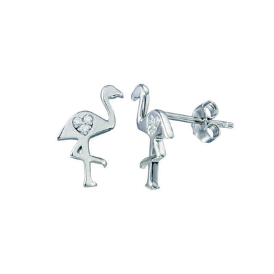 Sterling Silver Rhodium Plated Heart CZ Flamingo Stud Earrings