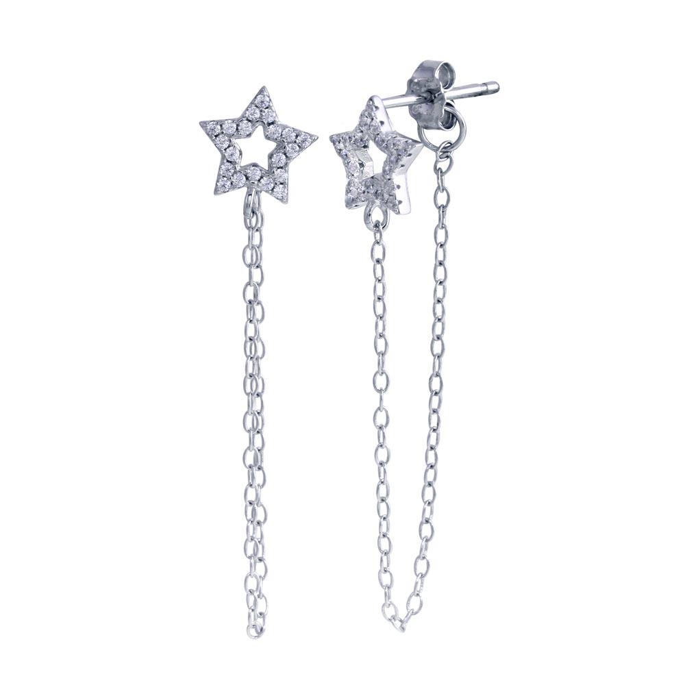 Sterling Silver Rhodium Plated Star Chain CZ Stud Earrings