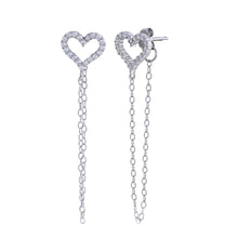 Load image into Gallery viewer, Sterling Silver Rhodium Plated Heart Chain CZ Stud Earrings
