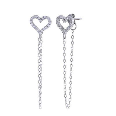 Sterling Silver Rhodium Plated Heart Chain CZ Stud Earrings