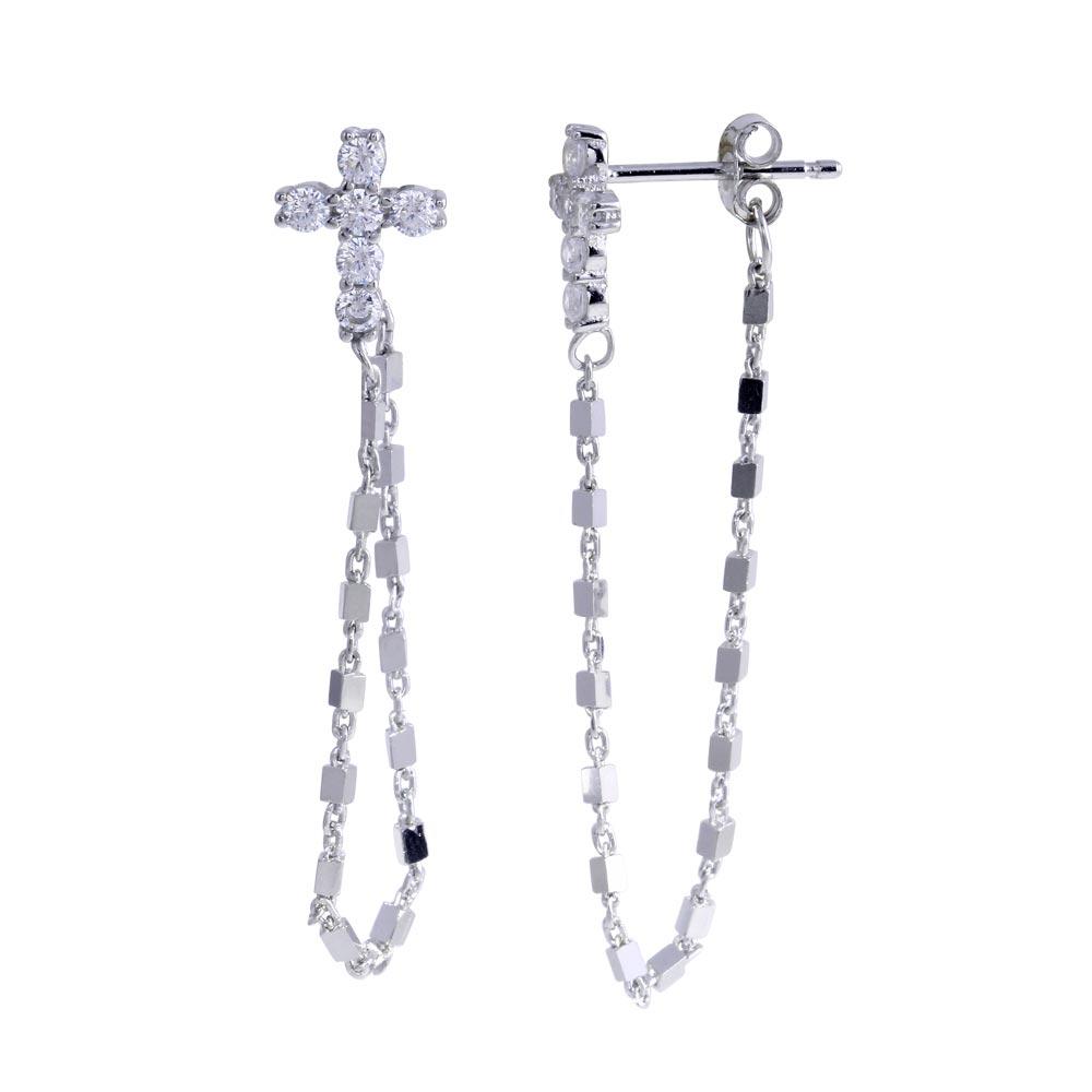 Sterling Silver Rhodium Plated Cross Chain CZ Stud Earrings