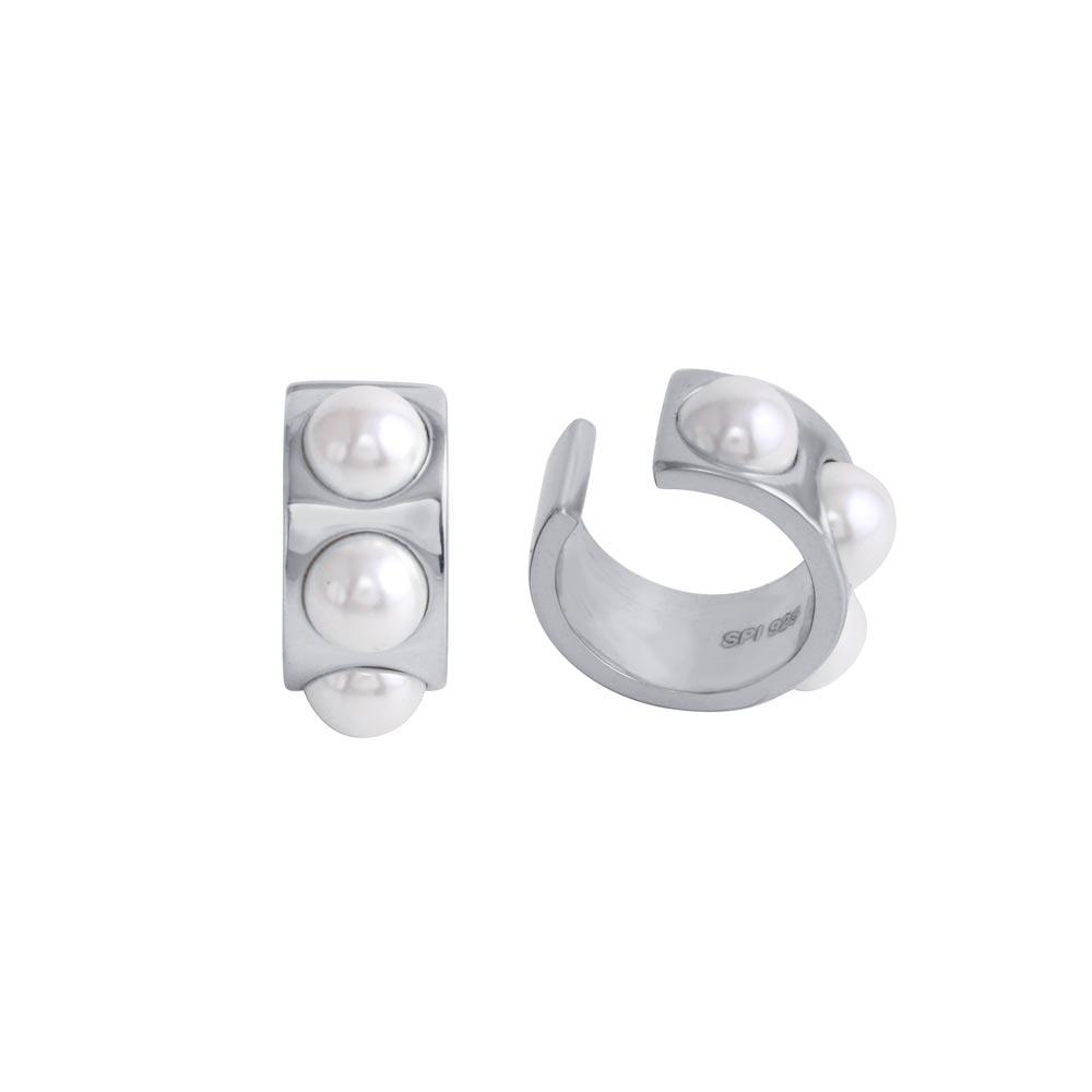 Sterling Silver Rhodium Plated Mother of Pearl Cuff Earrings