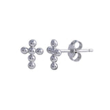 Sterling Silver Rhodium Plated Bead Cross Stud Earrings
