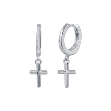 Load image into Gallery viewer, Sterling Silver Rhodium Plated Huggie Cross Earrings