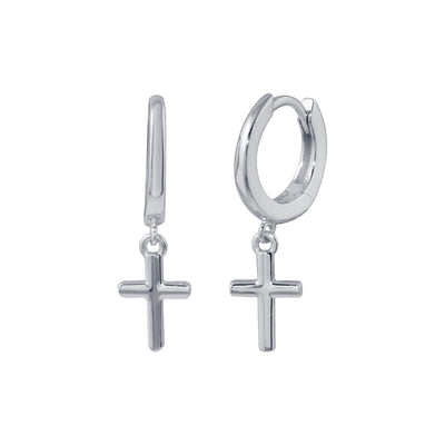 Sterling Silver Rhodium Plated Huggie Cross Earrings