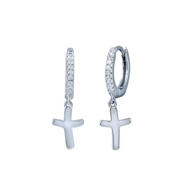 Sterling Silver Rhodium Plated Huggie Cross CZ Earrings