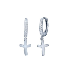 Sterling Silver Rhodium Plated Huggie Cross CZ Earrings