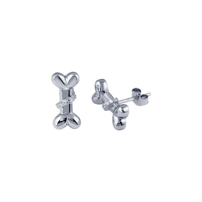 Sterling Silver Rhodium Plated Dog Bone CZ Earrings