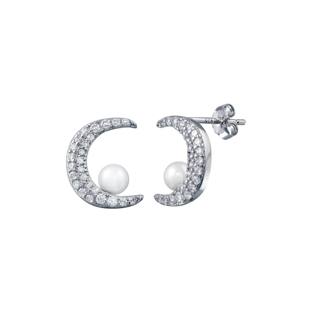 Sterling Silver Rhodium Plated Crescent Moon Mother Of Pearl And CZ Earrings