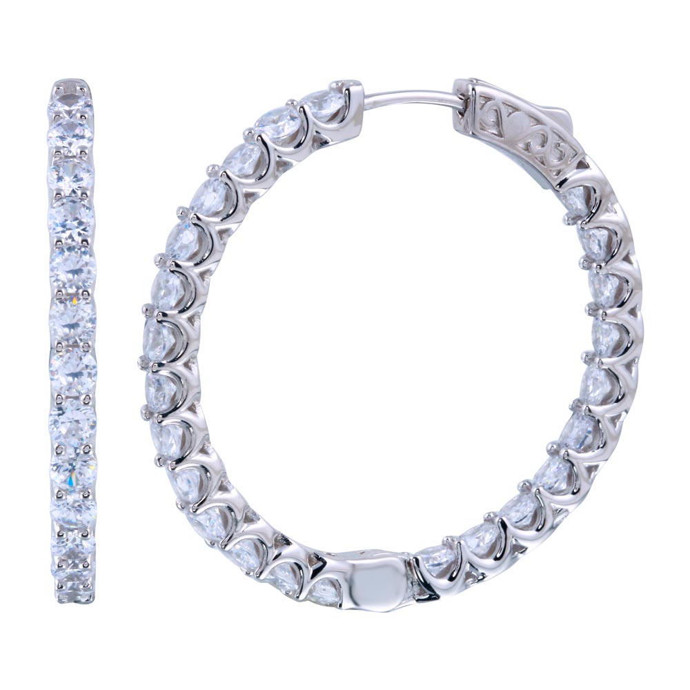 Sterling Silver Rhodium Plated Inside Out CZ Hoop Vault Lock Earrings