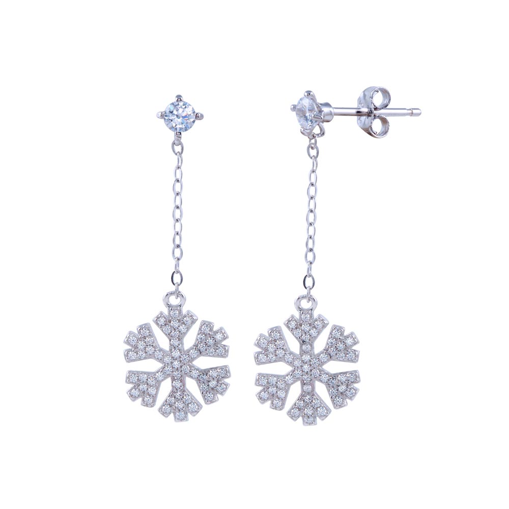 Sterling Silver Rhodium Plated Dangling CZ Snow Flakes Earrings