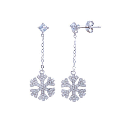 Sterling Silver Rhodium Plated Dangling CZ Snow Flakes Earrings