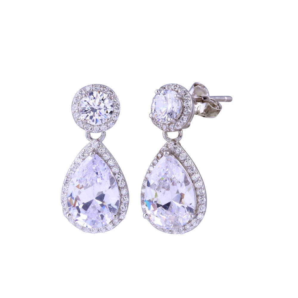 Sterling Silver Rhodium Plated Teardrop CZ Earrings