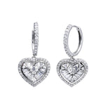 Sterling Silver Rhodium Plated CZ Hoop Dangling Heart Earrings