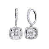 Sterling Silver Rhodium Plated CZ Hoop Dangling Halo Square Earrings