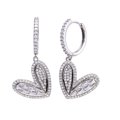 Sterling Silver Rhodium Plated CZ Hoop Dangling Wide Heart Earrings