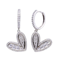 Sterling Silver Rhodium Plated CZ Hoop Dangling Wide Heart Earrings
