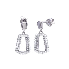Load image into Gallery viewer, Sterling Silver Rhodium Plated Dangling Open Halo Pearl and CZ Earrings