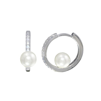 Sterling Silver Rhodium Plated CZ Pearl Center Hoop Earrings