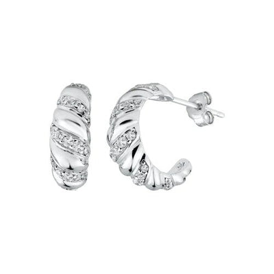 Sterling Silver Rhodium Plated Semi Hoop Braid Design CZ Earrings