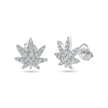 Load image into Gallery viewer, Sterling Silver Rhodium Plated Cannabis CZ Stud Earrings