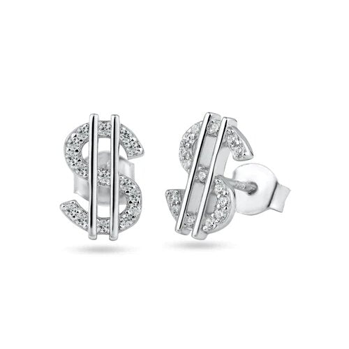 Sterling Silver Rhodium Plated Dollar CZ Stud Earrings